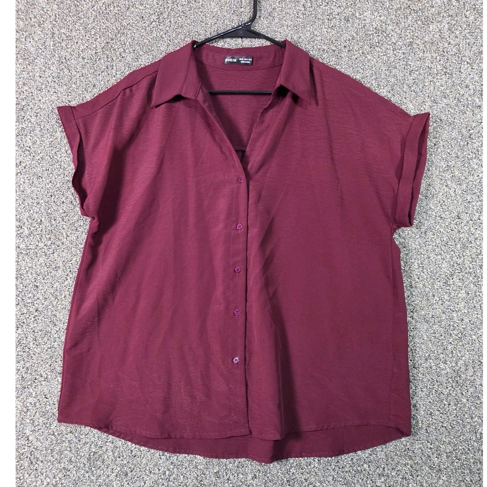 Shein Short Sleeve Blouse Women XL Burgundy Button Down Cuffed Top